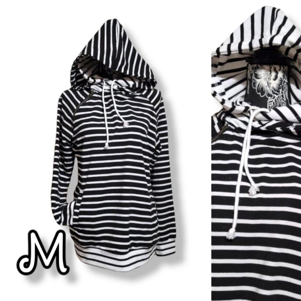 Double Hood Pullover Hoodie Striped Zipper Black & White M